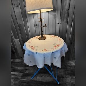 VTG Hand Embroidered Card Tablecloth & Edging on Heavy Cotton Twill Cottagecore